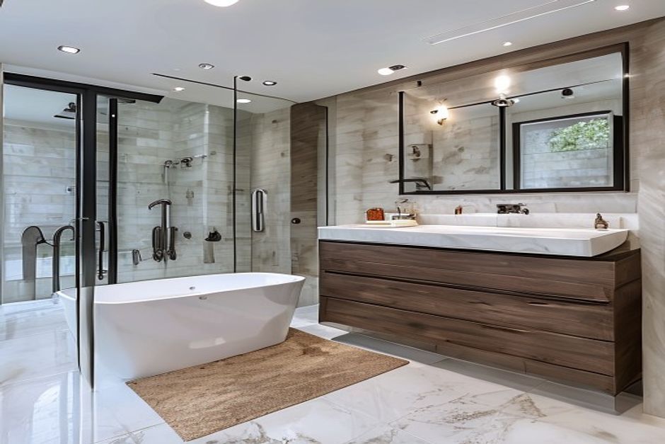 Renovated master bathroom with walk-in shower and stone vanity