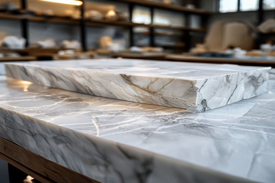 Custom granite and quartz countertop slabs in showroom